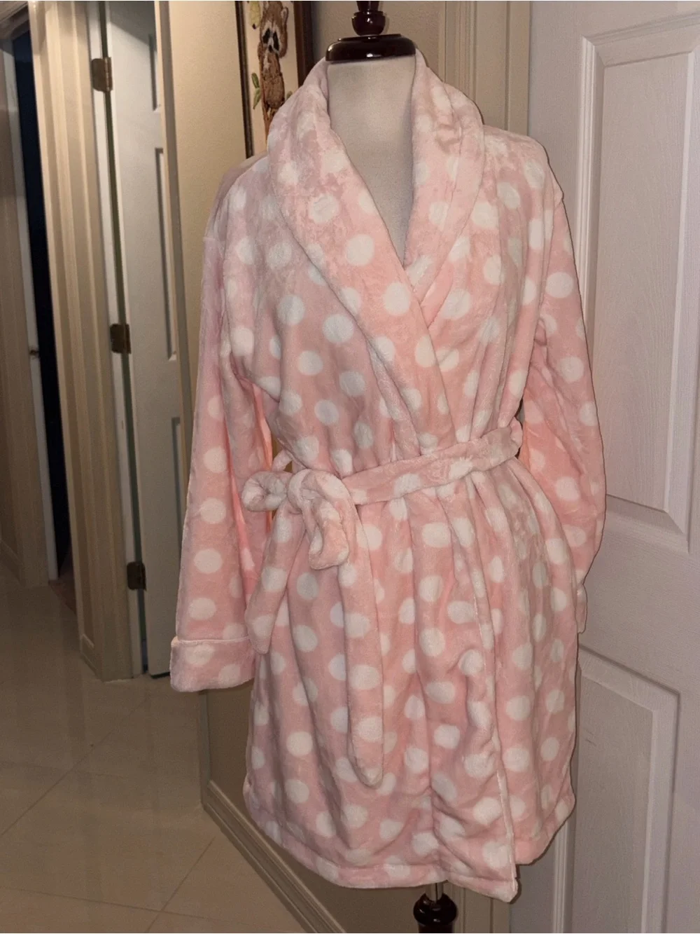 Nwt Kate Spade New York Plush Fleece Robe Pink White Polka Dot